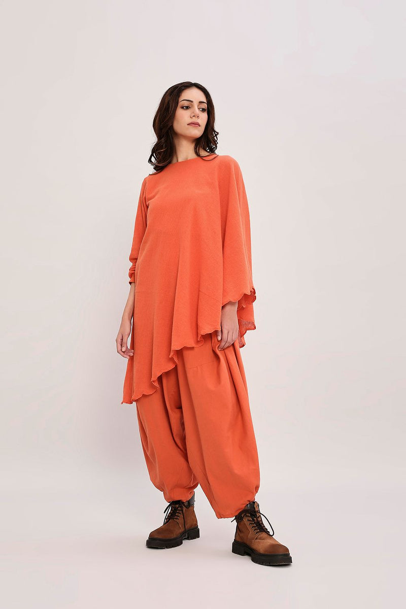 Rust Ribbed Scallop Tunic Set (2 PCS) cotton by Mati in rust color for women Worldwide