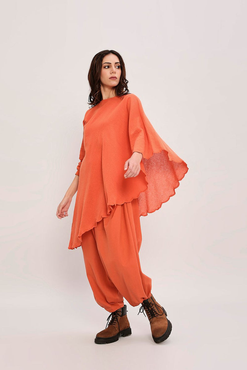Rust Ribbed Scallop Tunic Set (2 PCS) cotton by Mati in rust color for women Worldwide