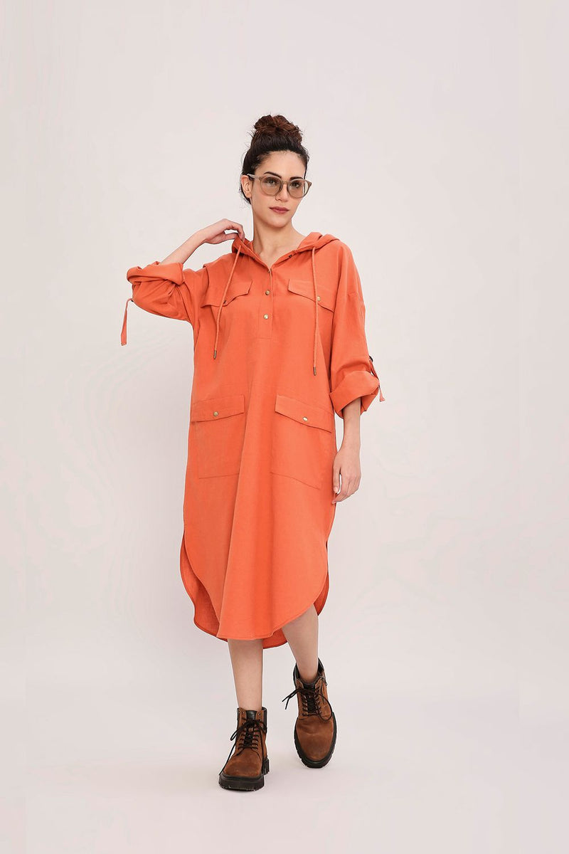Rust Safari Pocket Hooded Dress cotton by Mati in rust color for women Worldwide