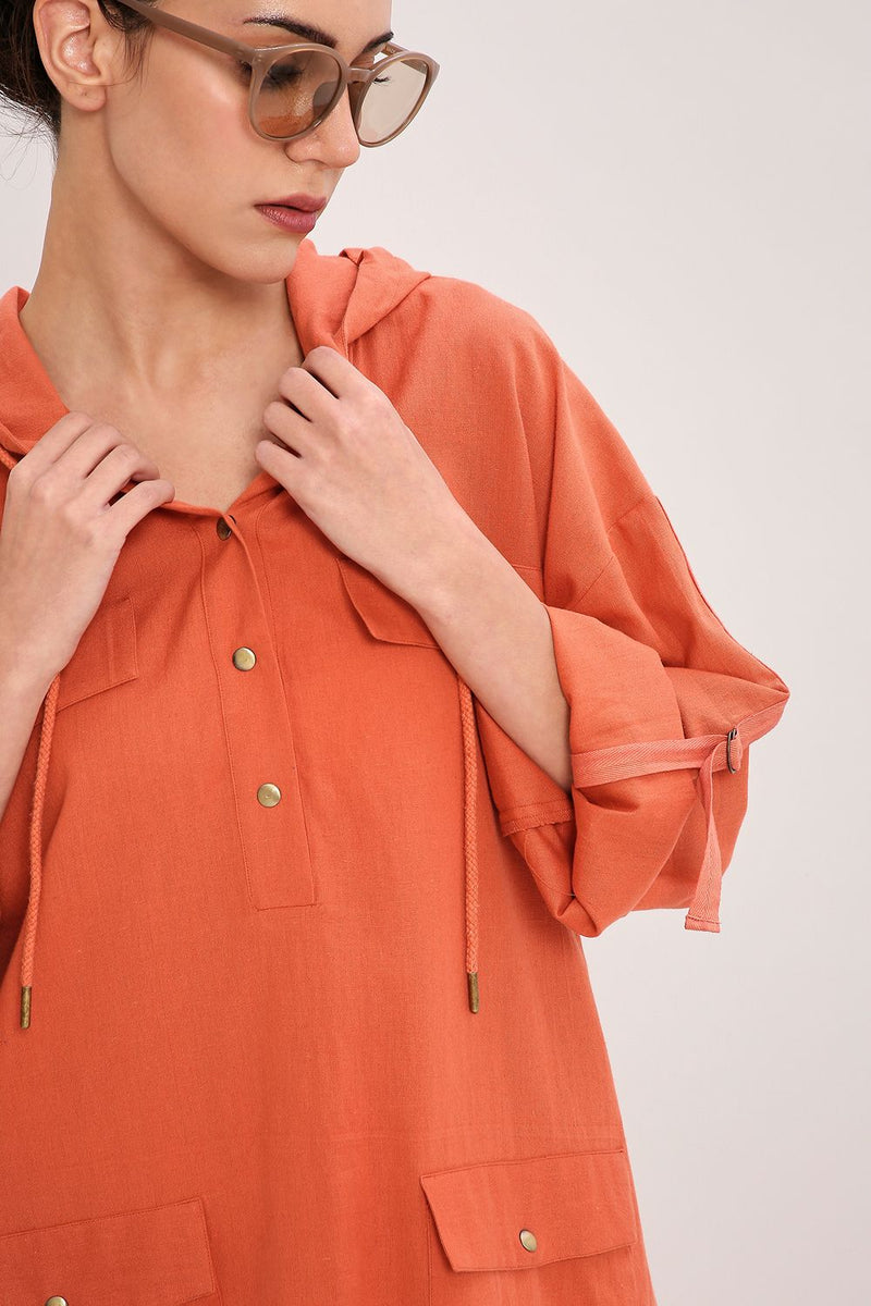 Rust Safari Pocket Hooded Dress cotton by Mati in rust color for women Worldwide