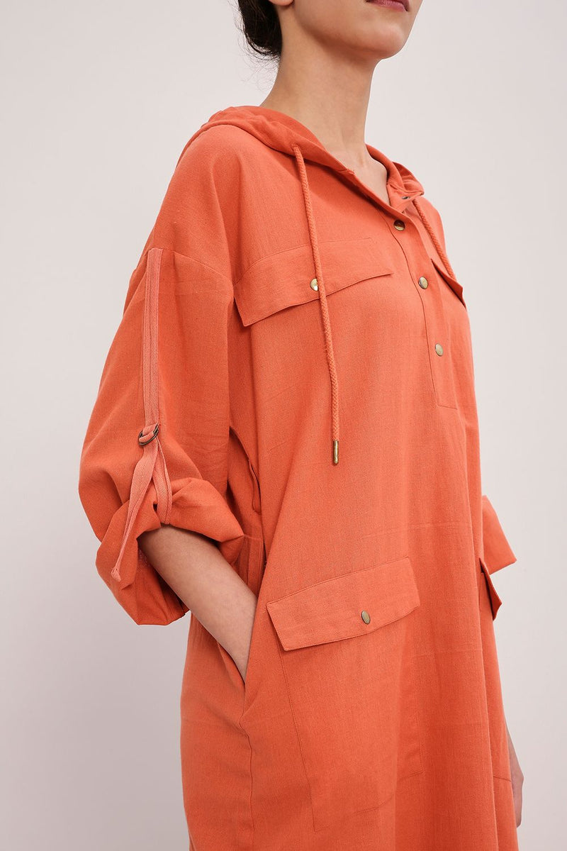 Rust Safari Pocket Hooded Dress cotton by Mati in rust color for women Worldwide