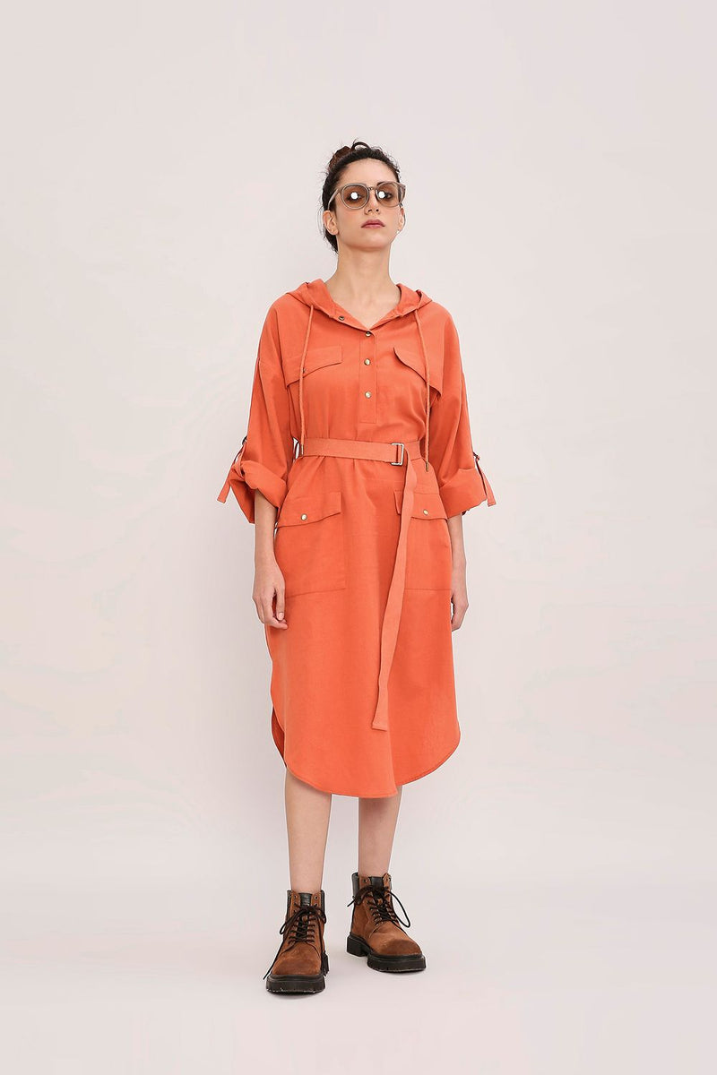 Rust Safari Pocket Hooded Dress cotton by Mati in rust color for women Worldwide