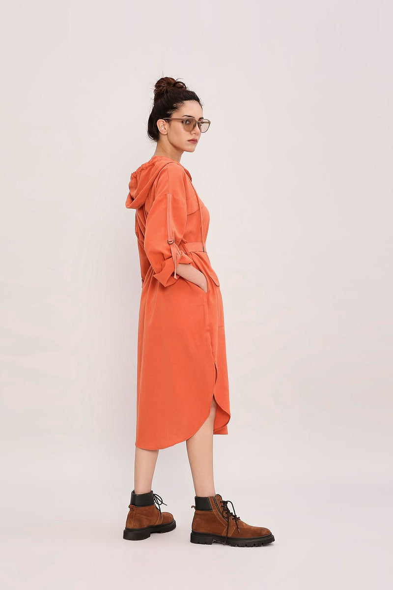 Rust Safari Pocket Hooded Dress cotton by Mati in rust color for women Worldwide