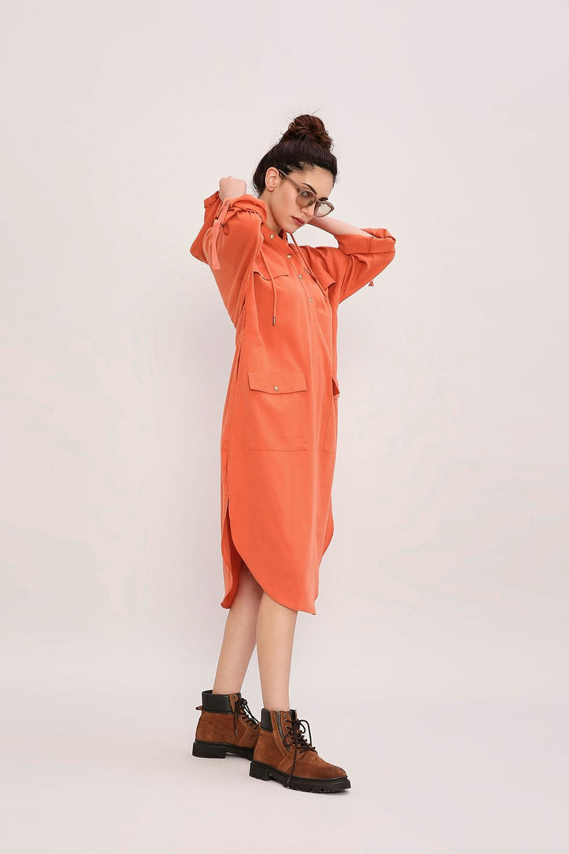 Rust Safari Pocket Hooded Dress cotton by Mati in rust color for women Worldwide