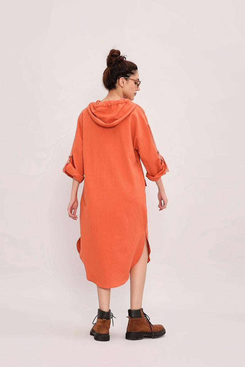 Rust Safari Pocket Hooded Dress cotton by Mati in rust color for women Worldwide