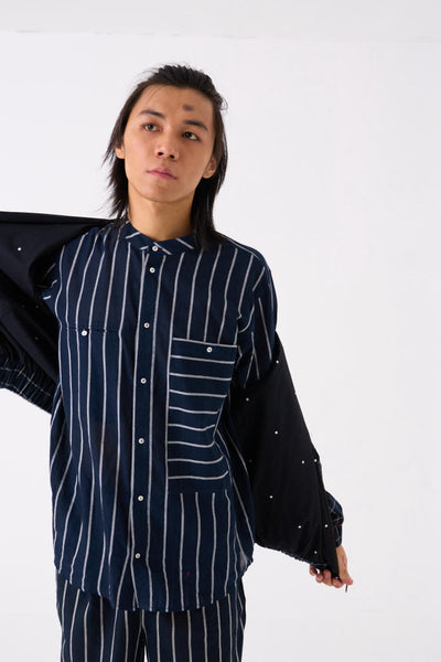 BAND COLLAR SHIRT - BLACK STRIPE