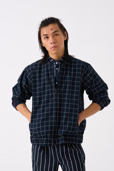 BAND COLLAR SHIRT - BLACK STRIPE