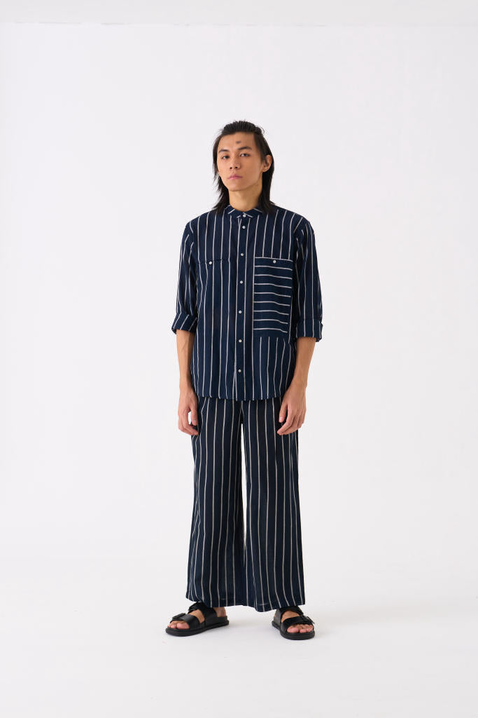 BAND COLLAR SHIRT CO-ORD - BLACK STRIPE