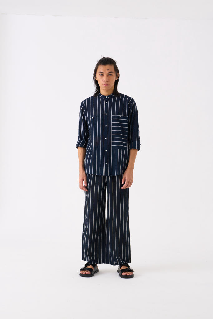 BAND COLLAR SHIRT CO-ORD - BLACK STRIPE