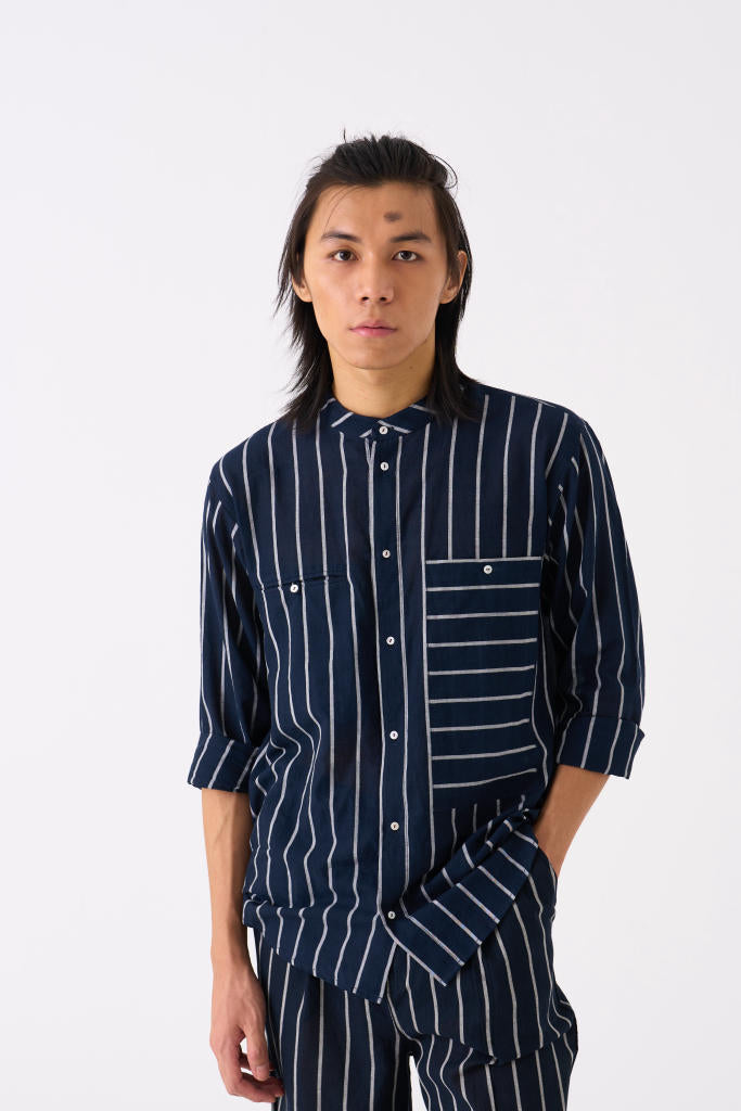 BAND COLLAR SHIRT CO-ORD - BLACK STRIPE