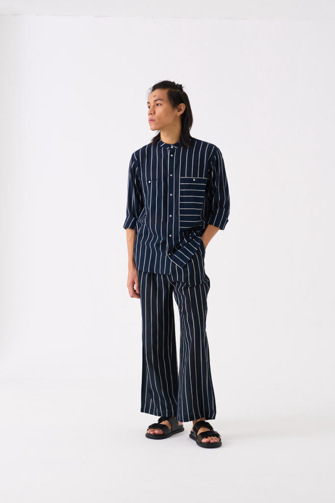 BAND COLLAR SHIRT CO-ORD - BLACK STRIPE