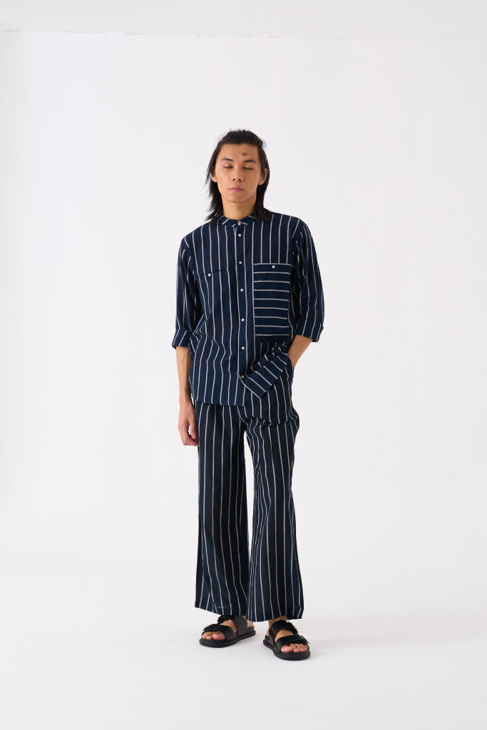 BAND COLLAR SHIRT CO-ORD - BLACK STRIPE