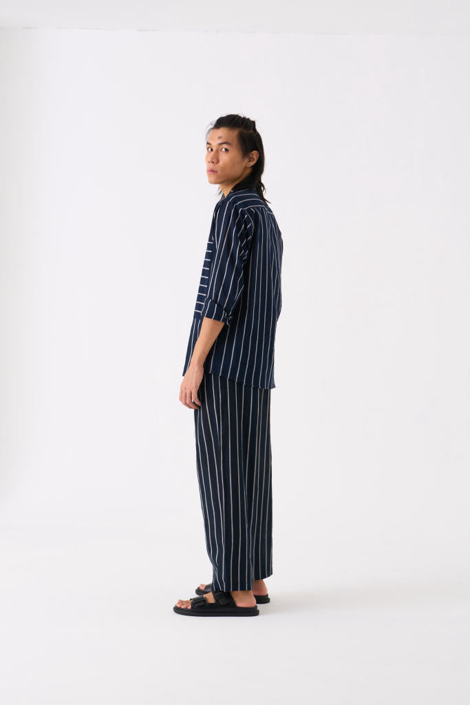 BAND COLLAR SHIRT CO-ORD - BLACK STRIPE