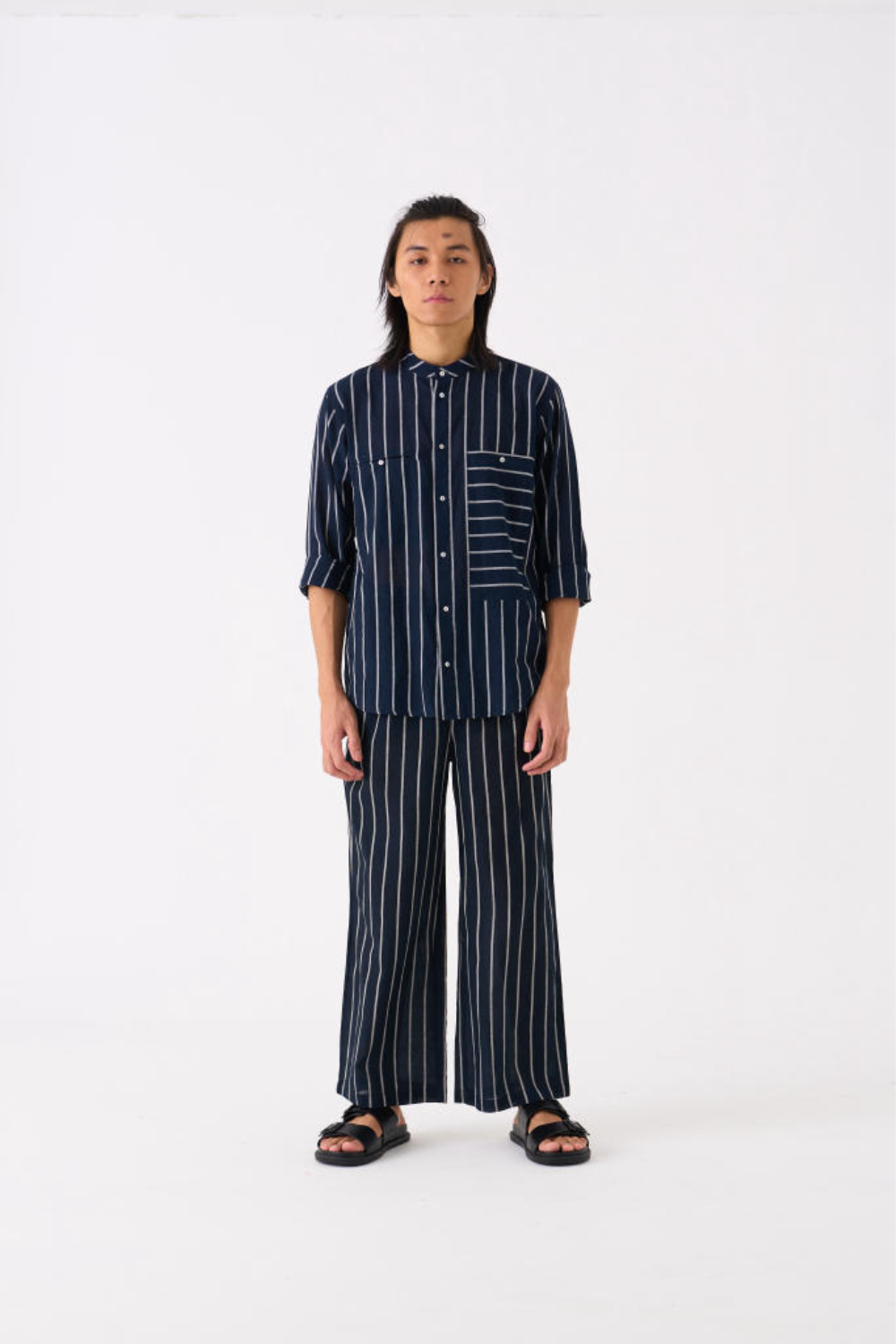 BAND COLLAR SHIRT CO-ORD - BLACK STRIPE