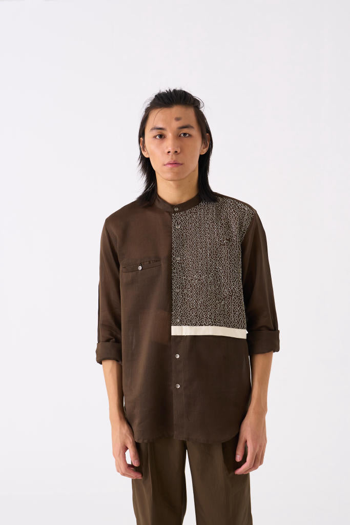 PANELLED EMBROIDERED DETAIL SHIRT - HUNTER GREEN