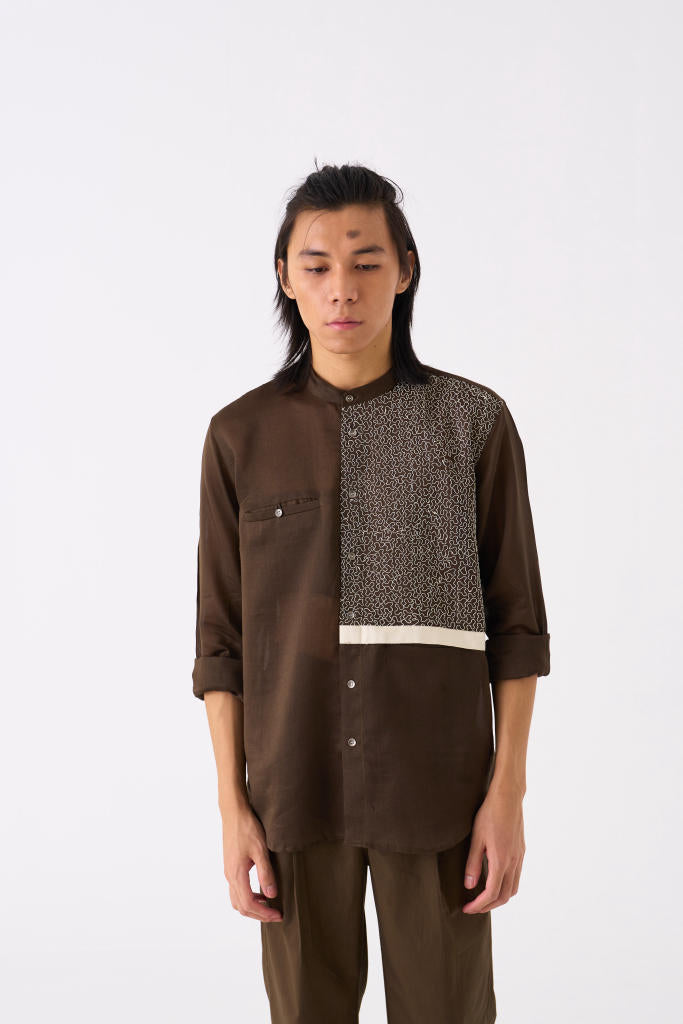 PANELLED EMBROIDERED DETAIL SHIRT - HUNTER GREEN