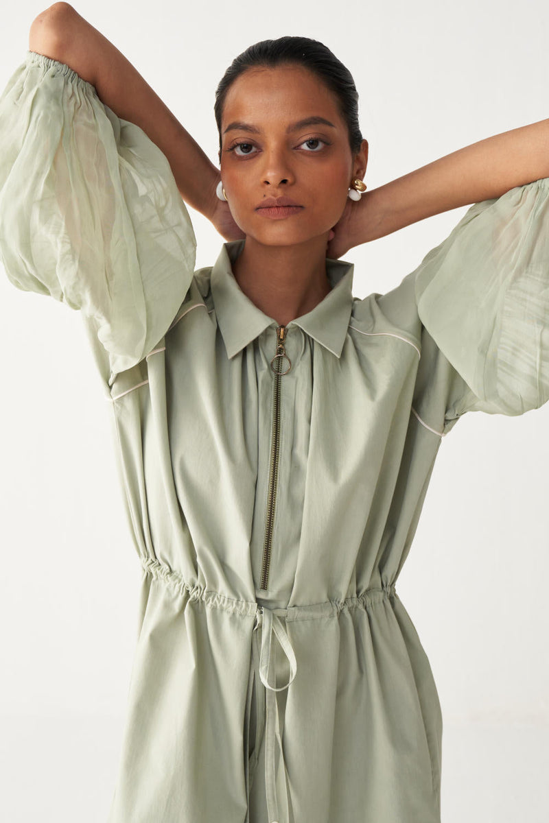 DRAWSTRING PANEL DRESS-MINT poplin by THREE in mint color for women Worldwide