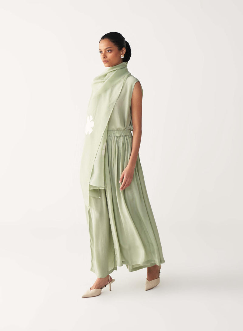 ROUND NECK TOP CO-ORD (SET OF 3)-MINT silk by THREE in mint color for women Worldwide
