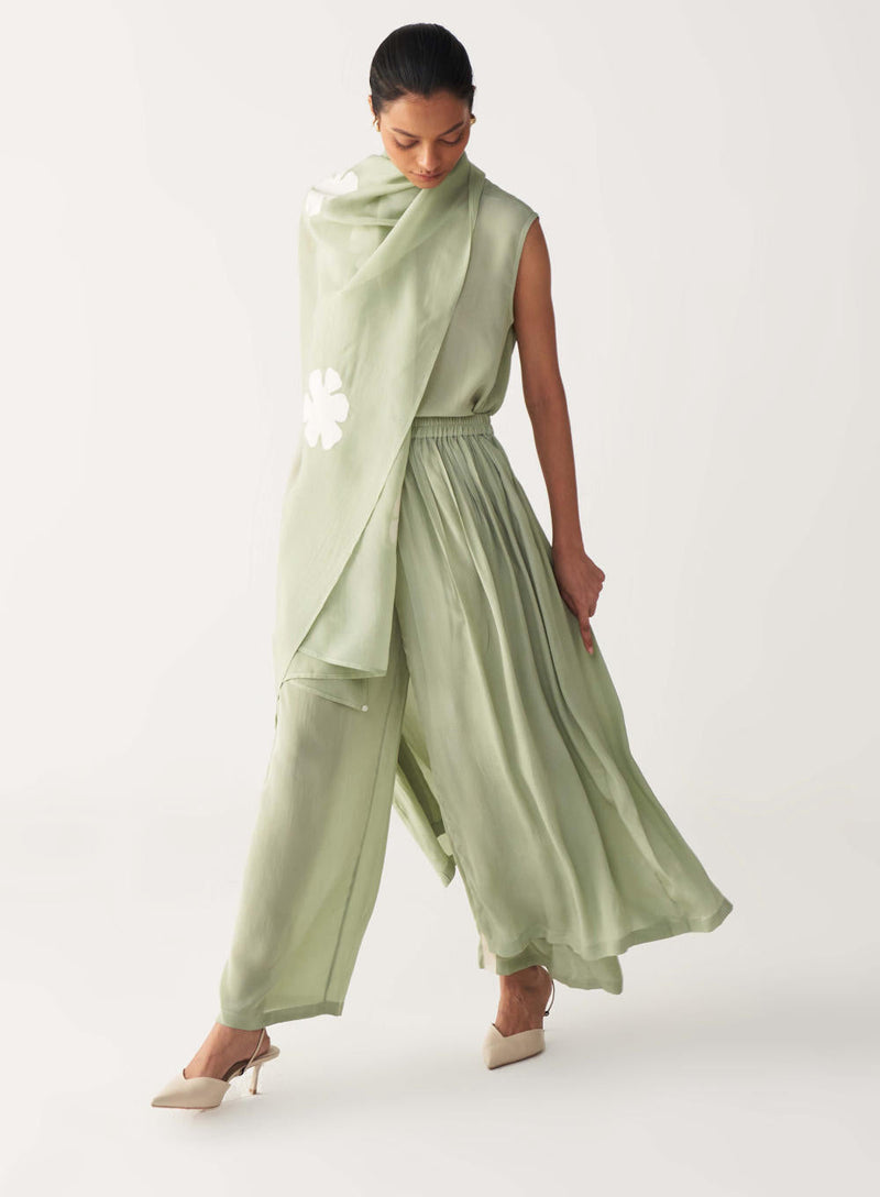 ROUND NECK TOP CO-ORD (SET OF 3)-MINT silk by THREE in mint color for women Worldwide