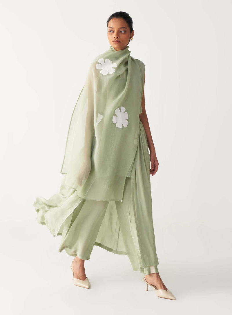 ROUND NECK TOP CO-ORD (SET OF 3)-MINT silk by THREE in mint color for women Worldwide