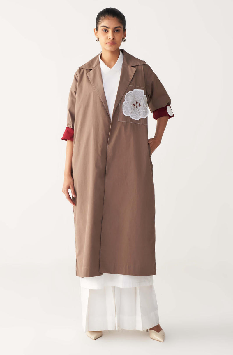 FLORAL APP. PATCH JACKET CO-ORD (SET OF 3)-CEDAR & WHITE poplin by THREE for women Worldwide