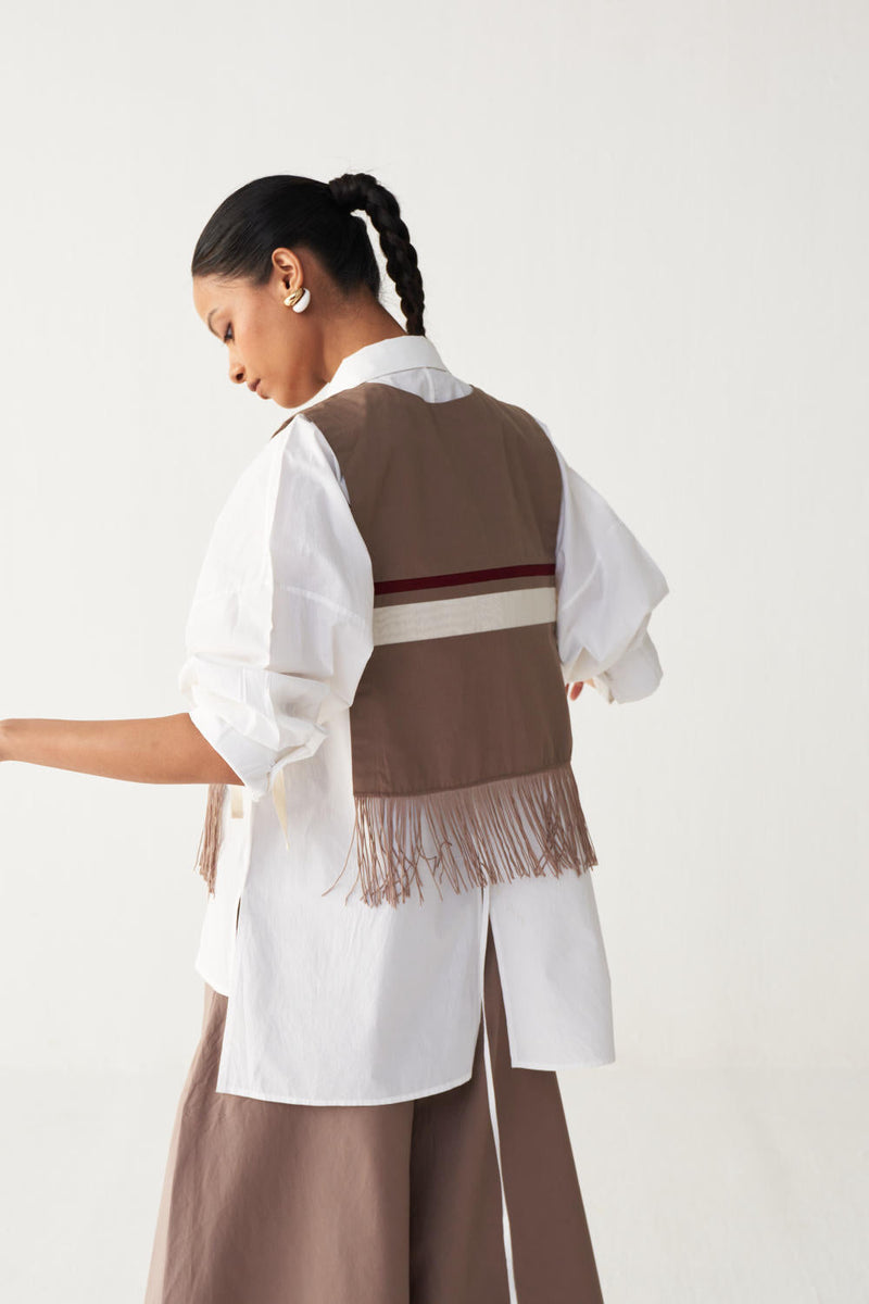FRINGE CROP OVERLAY CO-ORD (SET OF 3)-CEDAR & WHITE poplin by THREE for women Worldwide