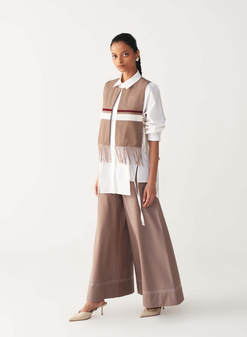 FRINGE CROP OVERLAY CO-ORD (SET OF 3)-CEDAR & WHITE poplin by THREE for women Worldwide