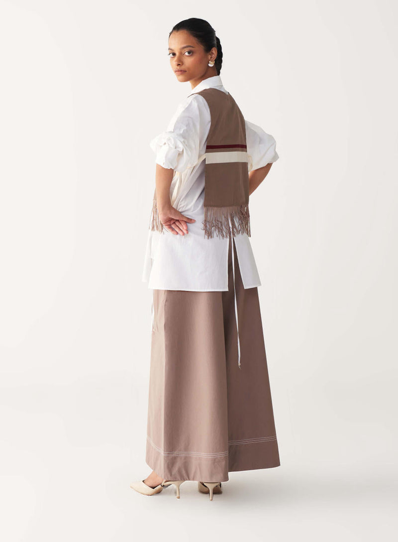 FRINGE CROP OVERLAY CO-ORD (SET OF 3)-CEDAR & WHITE poplin by THREE for women Worldwide
