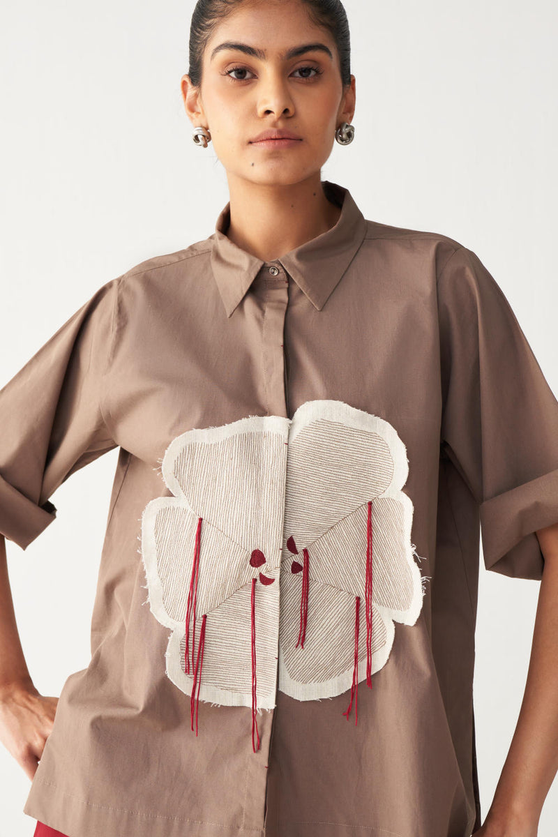 FLORAL FRINGE SHIRT CO-ORD-CEDAR & RED poplin by THREE for women Worldwide