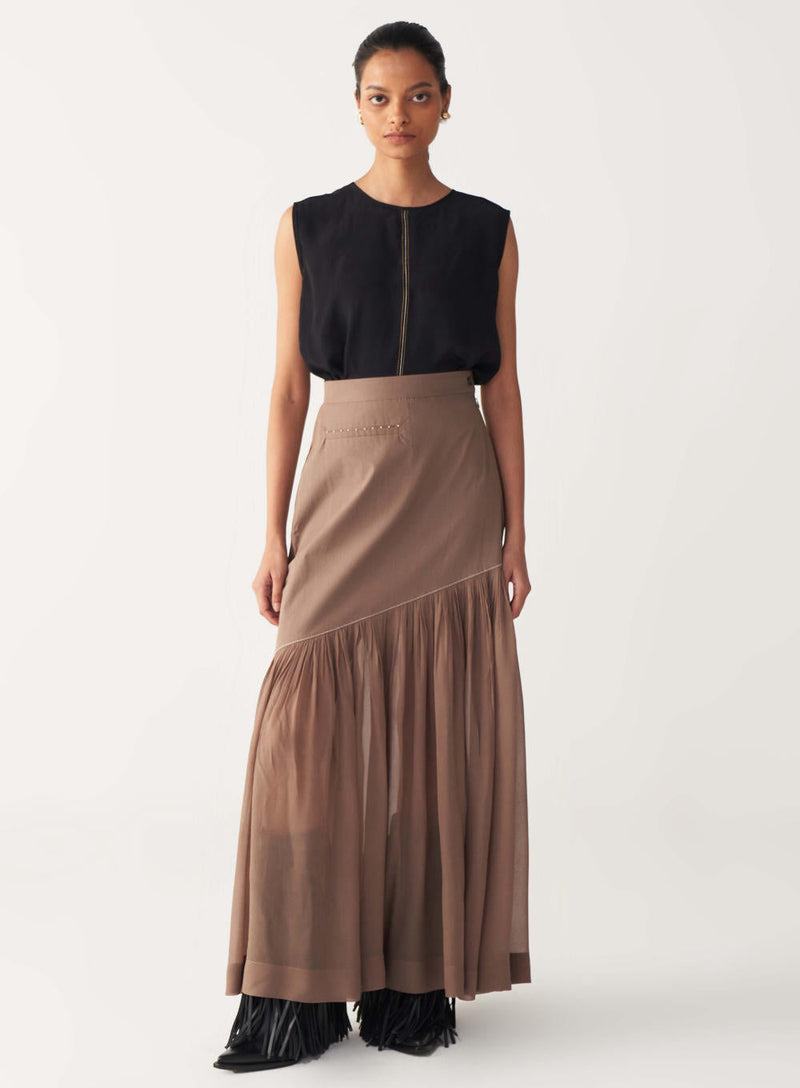 SHEER PANEL SKIRT-CEDAR poplin by THREE for women Worldwide