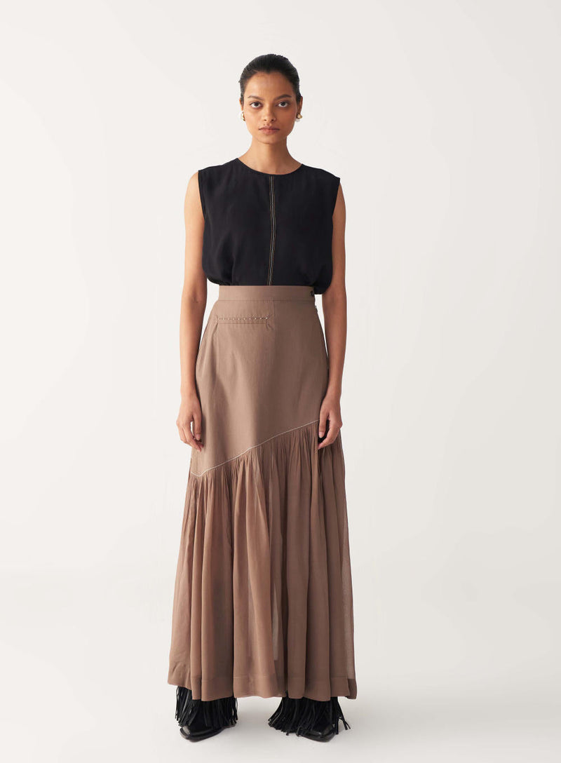 SHEER PANEL SKIRT-CEDAR poplin by THREE for women Worldwide