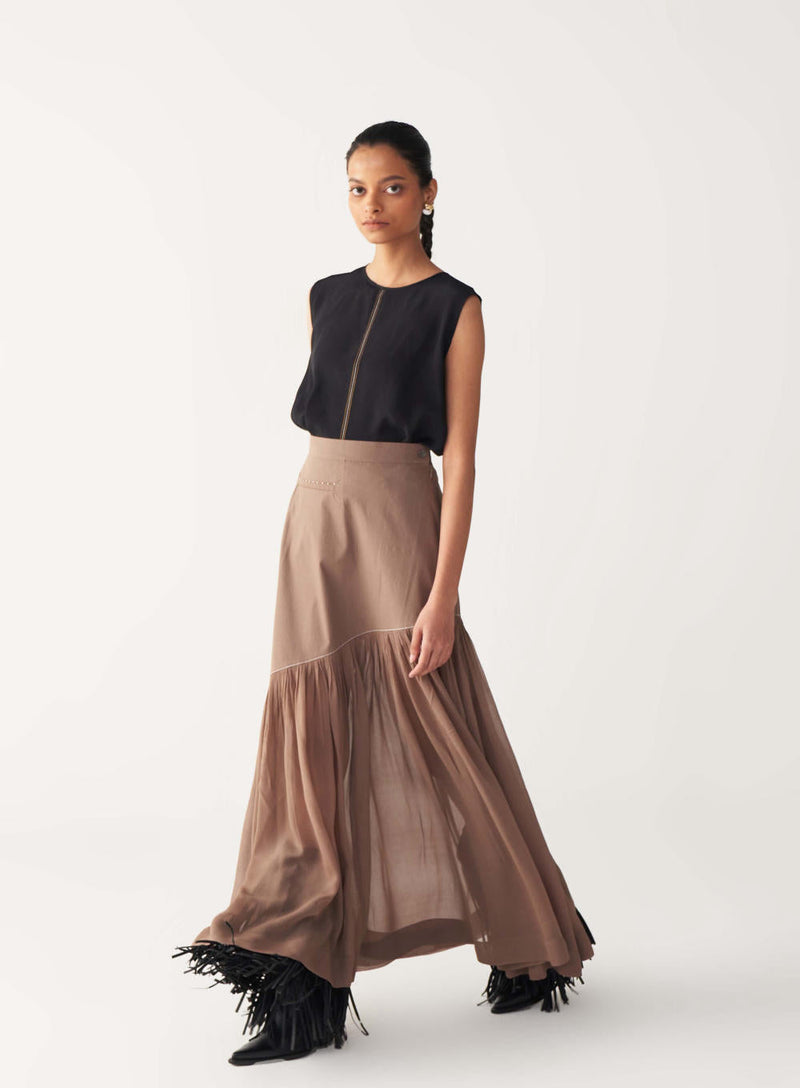 SHEER PANEL SKIRT-CEDAR poplin by THREE for women Worldwide