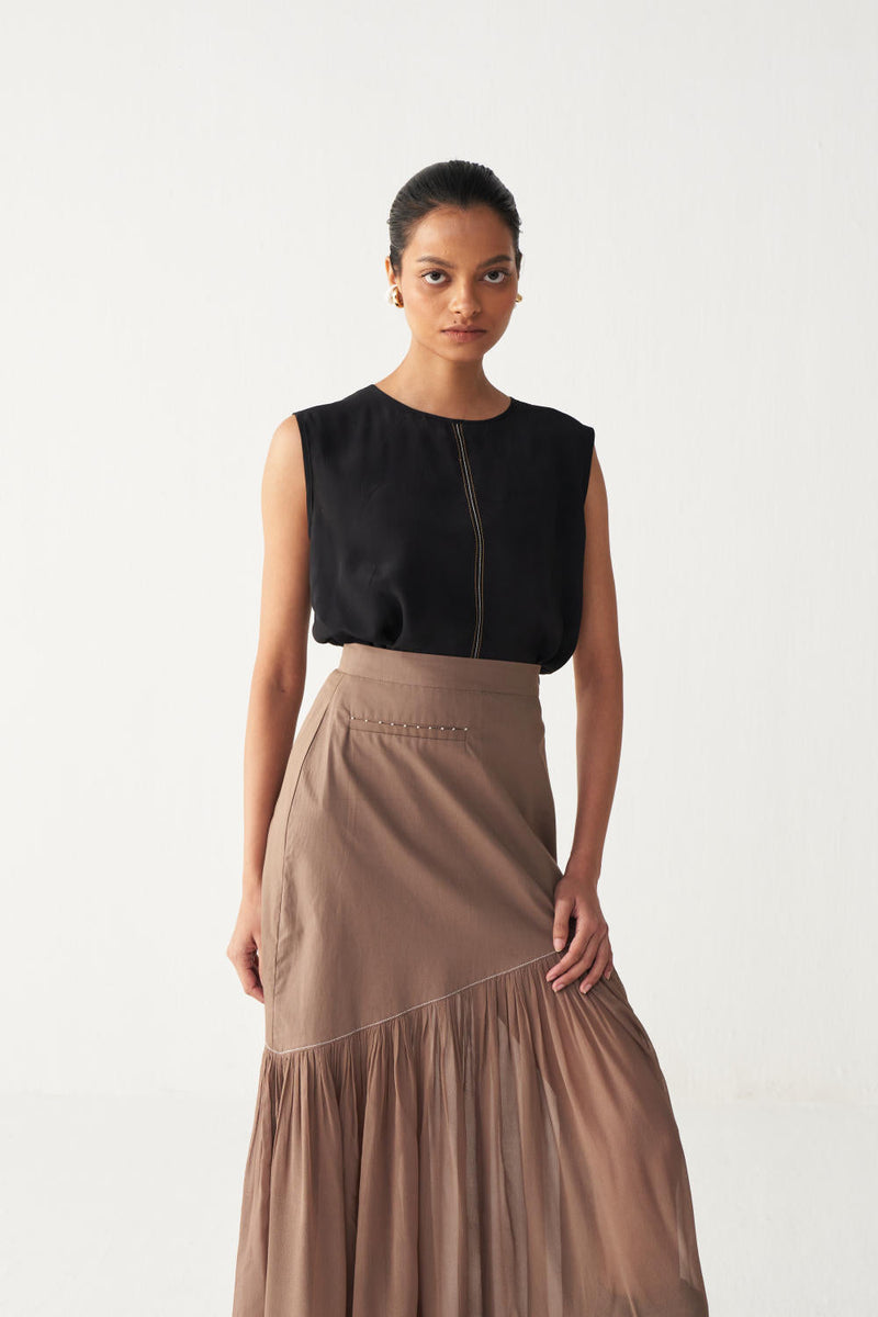 SHEER PANEL SKIRT-CEDAR poplin by THREE for women Worldwide