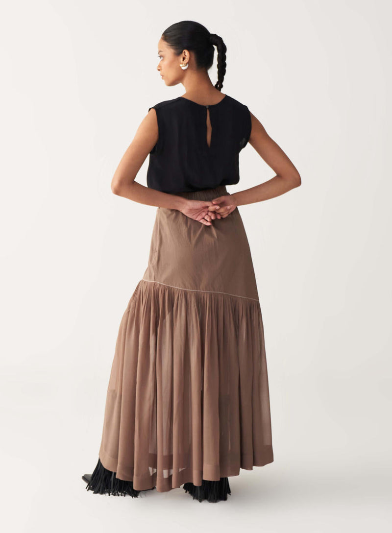 SHEER PANEL SKIRT-CEDAR poplin by THREE for women Worldwide