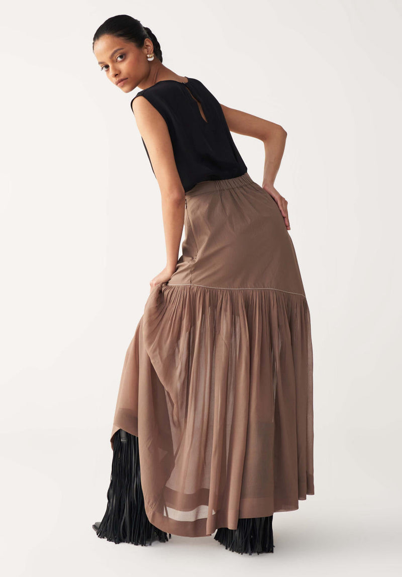 SHEER PANEL SKIRT-CEDAR poplin by THREE for women Worldwide