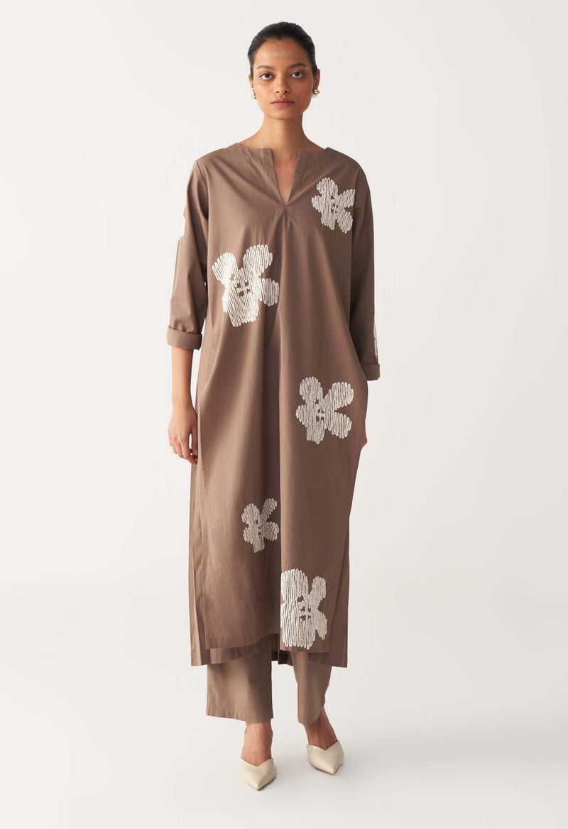 FLORAL EMB. BACK PLEAT TUNIC CO-ORD-CEDAR poplin by THREE for women Worldwide