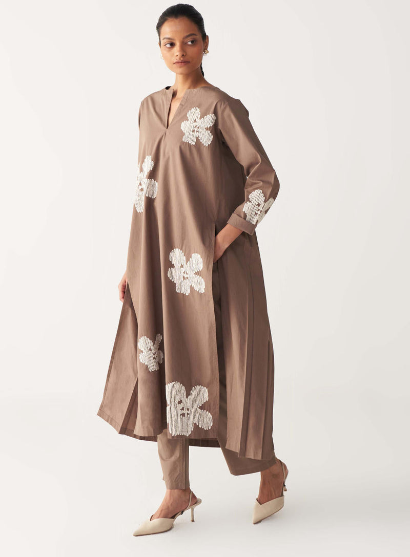 FLORAL EMB. BACK PLEAT TUNIC CO-ORD-CEDAR poplin by THREE for women Worldwide