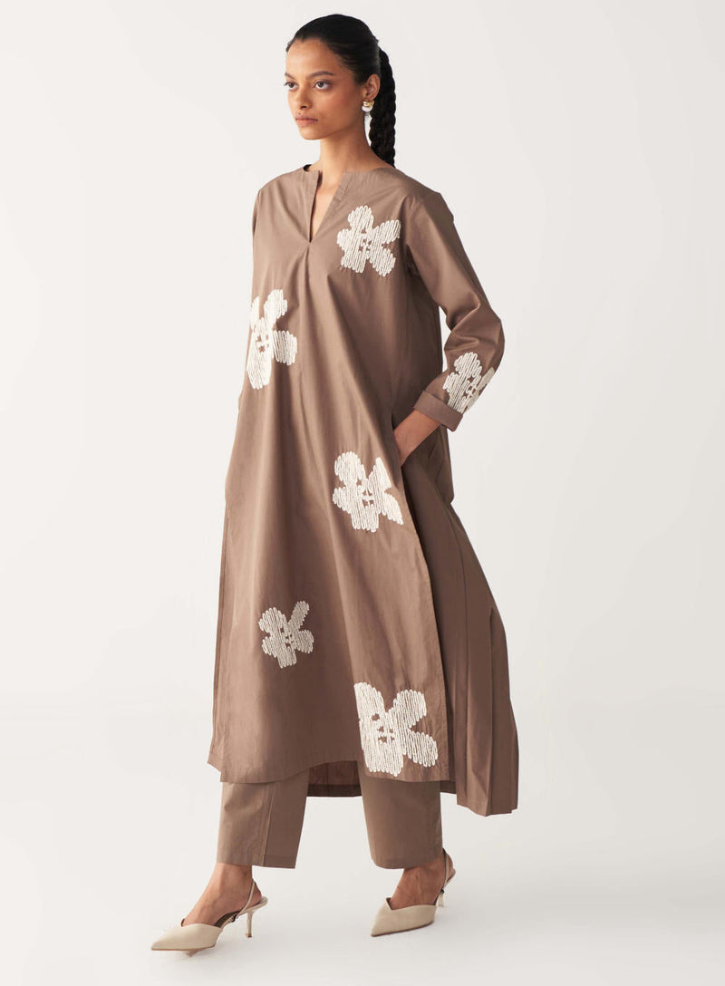 FLORAL EMB. BACK PLEAT TUNIC CO-ORD-CEDAR poplin by THREE for women Worldwide