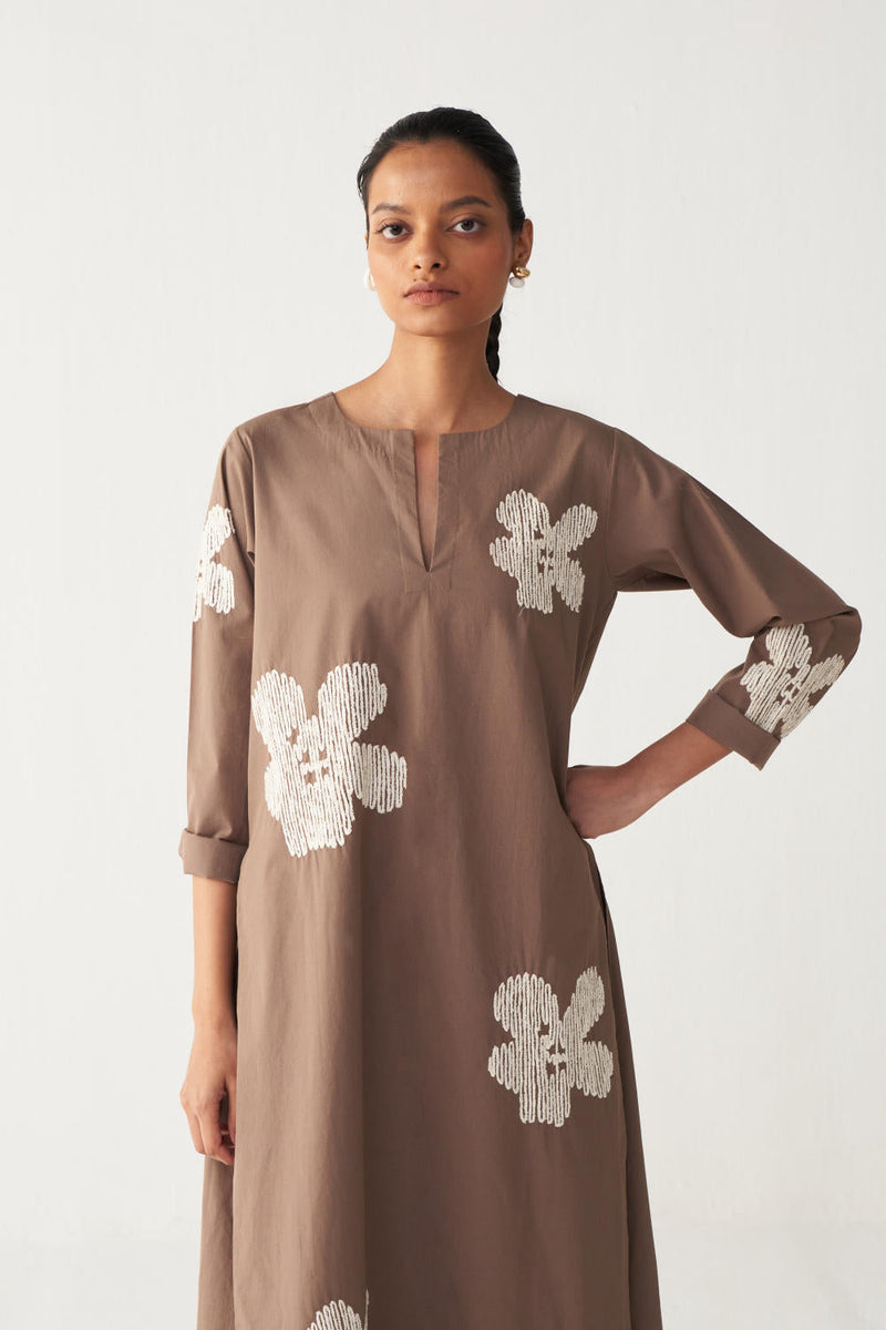 FLORAL EMB. BACK PLEAT TUNIC CO-ORD-CEDAR poplin by THREE for women Worldwide