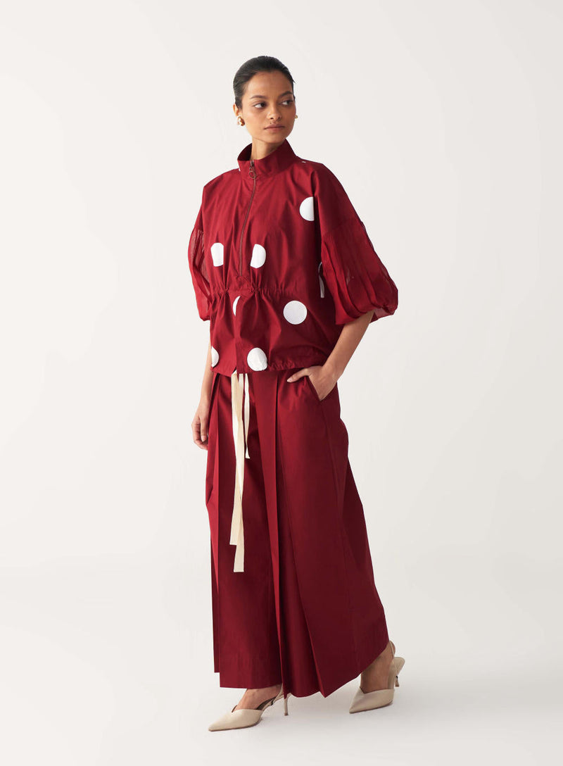 DRAWSTRING POLKA TOP CO-ORD-MADDER RED poplin by THREE in red color for women Worldwide