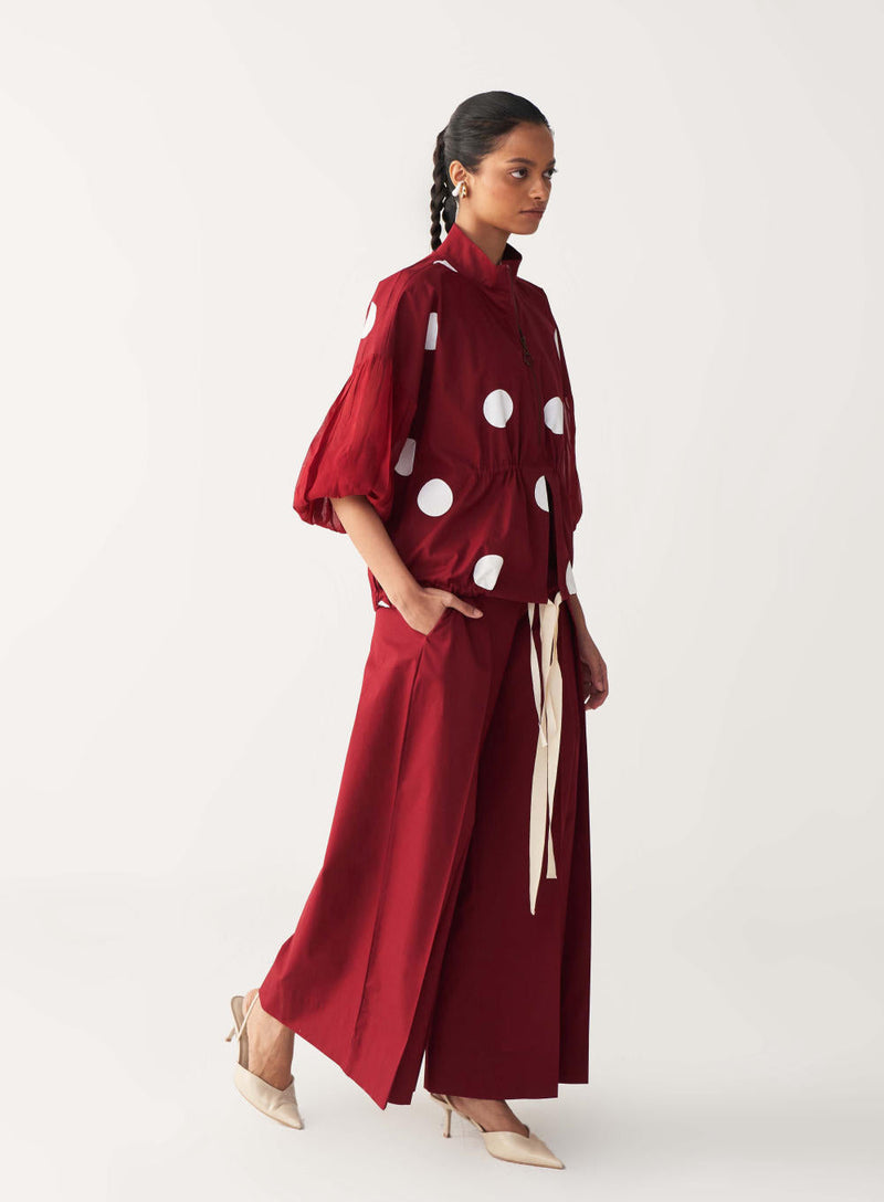 DRAWSTRING POLKA TOP CO-ORD-MADDER RED poplin by THREE in red color for women Worldwide