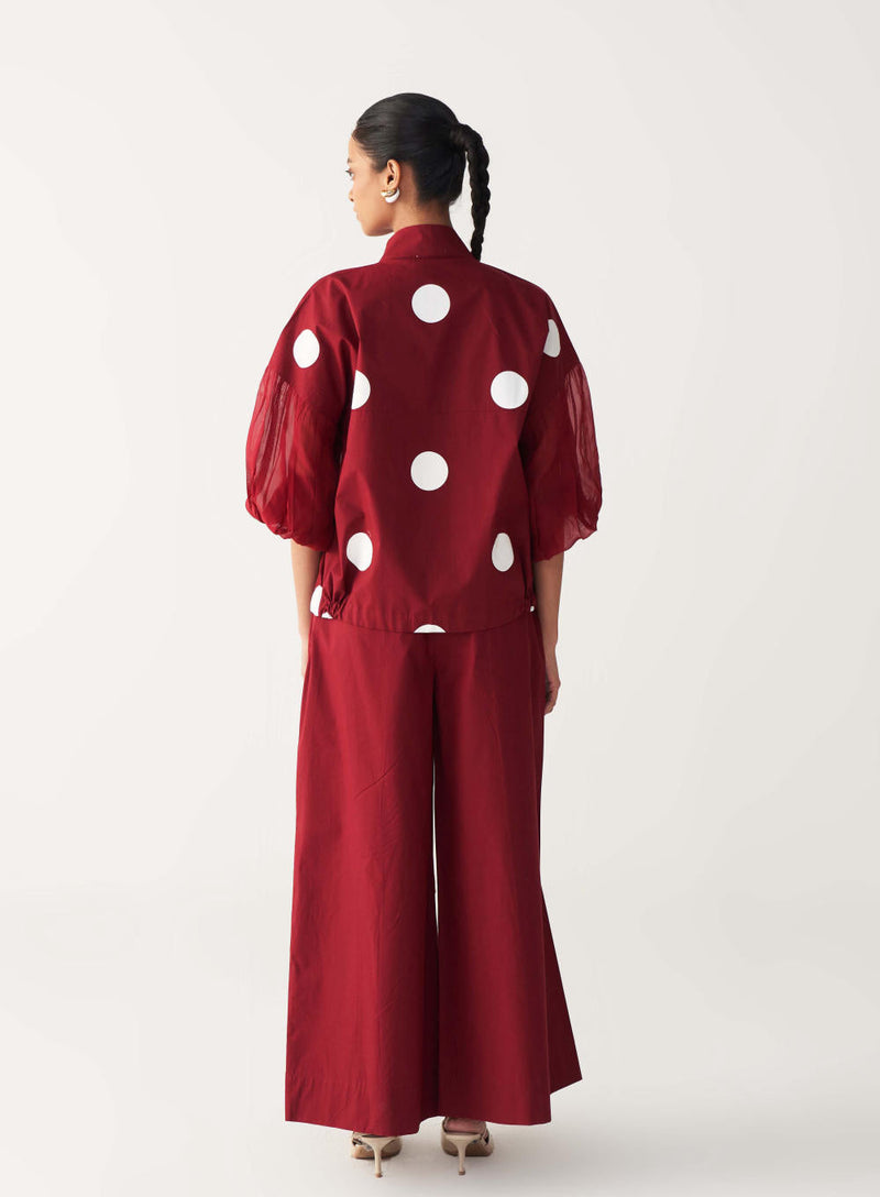 DRAWSTRING POLKA TOP-MADDER RED poplin by THREE in red color for women Worldwide