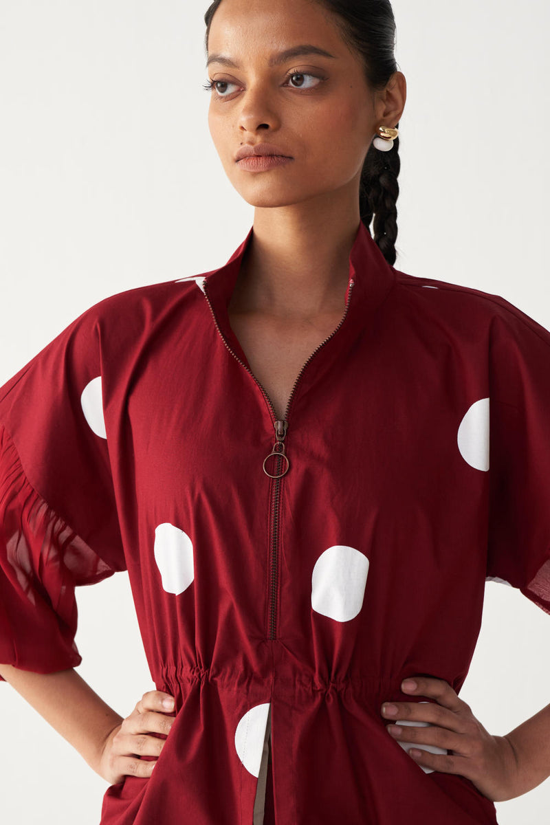 DRAWSTRING POLKA TOP-MADDER RED poplin by THREE in red color for women Worldwide