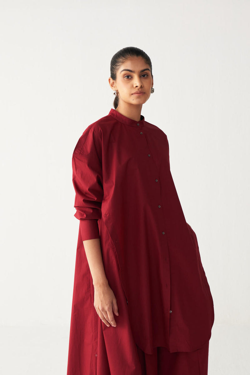 SIDE BUTTON TUNIC-MADDER RED poplin by THREE in red color for women Worldwide