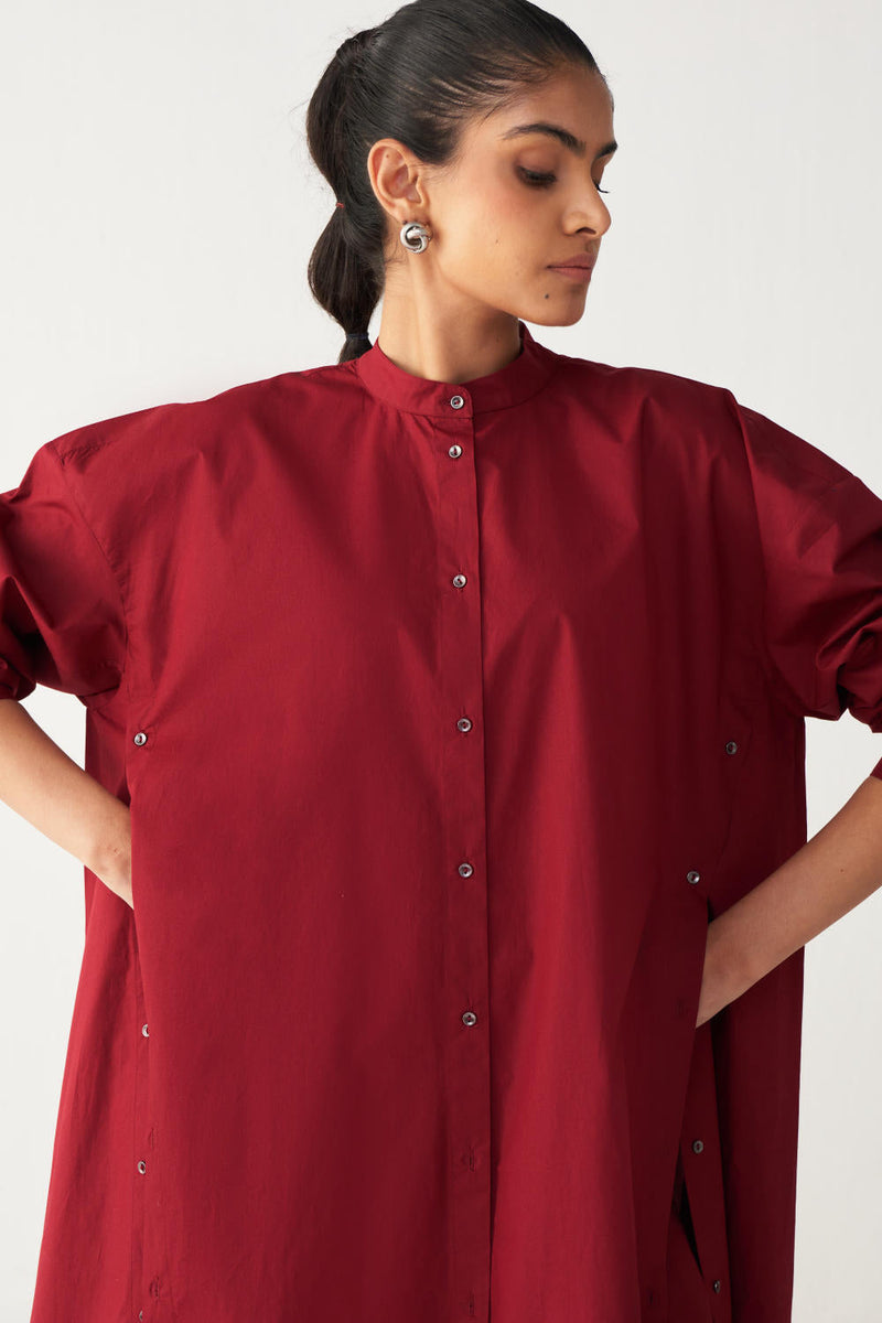 SIDE BUTTON TUNIC-MADDER RED poplin by THREE in red color for women Worldwide