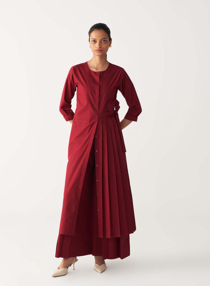 FRONT PLEAT TUNIC-MADDER RED poplin by THREE in red color for women Worldwide