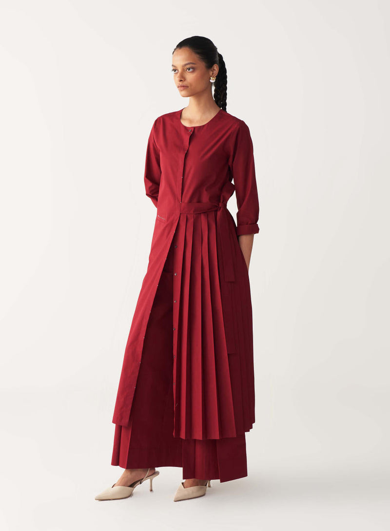 FRONT PLEAT TUNIC-MADDER RED poplin by THREE in red color for women Worldwide