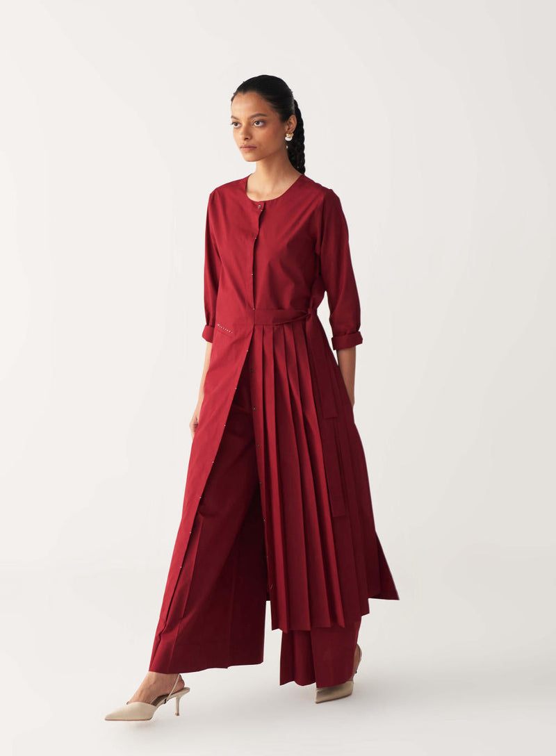 FRONT PLEAT TUNIC-MADDER RED poplin by THREE in red color for women Worldwide