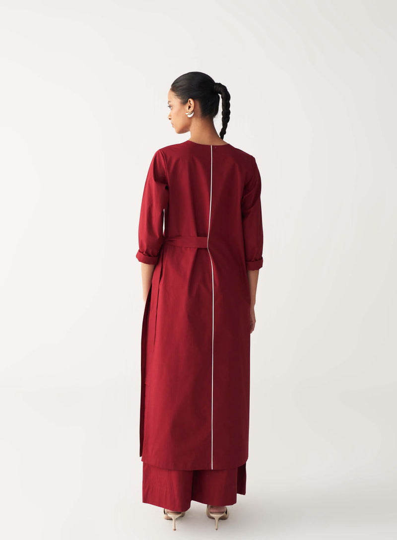 FRONT PLEAT TUNIC-MADDER RED poplin by THREE in red color for women Worldwide