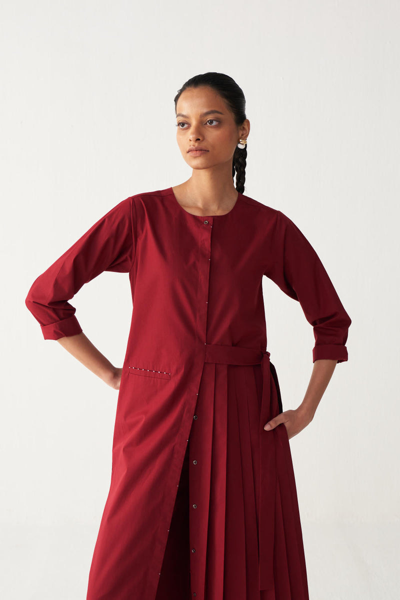 FRONT PLEAT TUNIC-MADDER RED poplin by THREE in red color for women Worldwide